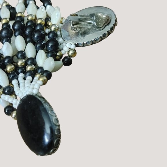 Vtg Clip On Earrings Southwestern Chandelier Stone Black MOP White Bead Dangle - Picture 3 of 11